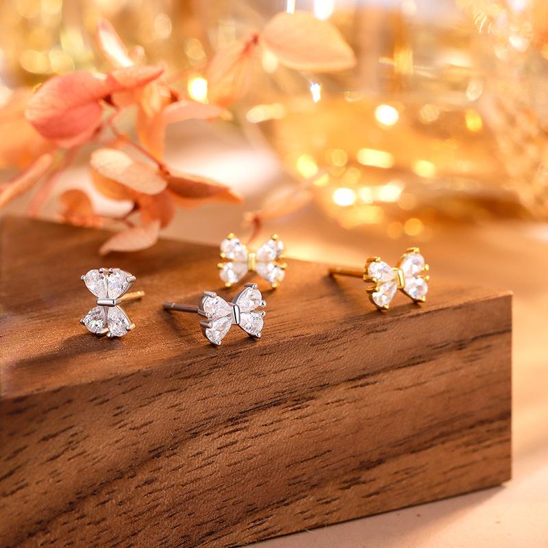 925 Sterling Silver Inlaid Zircon Bow Earrings for Women Student Korean Sweet Jewelry Accessories