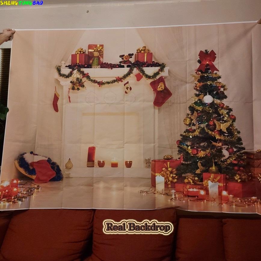 Christmas Day Background Fireplace Living Room Decoration Snowflakes Pine Tree Family Party New Year Photography Backdrops XH-04