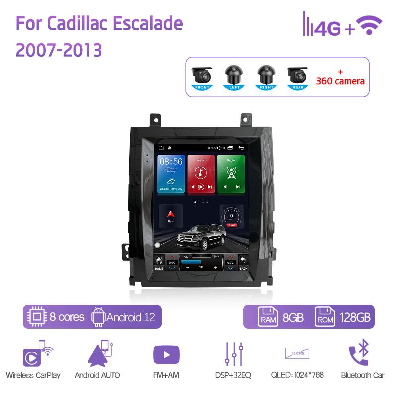 10,4-дюймовый автомобильный мультимедийный плеер для Cadillac Escalade 2007-2013 GPS-навигация Радио Android12 8 ядер 8+128 ГБ CarPlay 4G 360-градусная камера