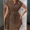 V-neck Sleeveless Waist Tight Ties Short Dress Vertical Striped Print Office Vacation Dress