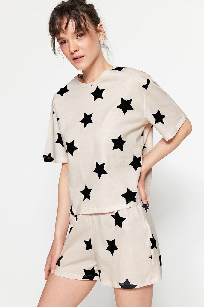 Women's Fashion Pink-Multicolored 100% Cotton Star Patterned T-shirt-Shorts Knitted Pajama Set