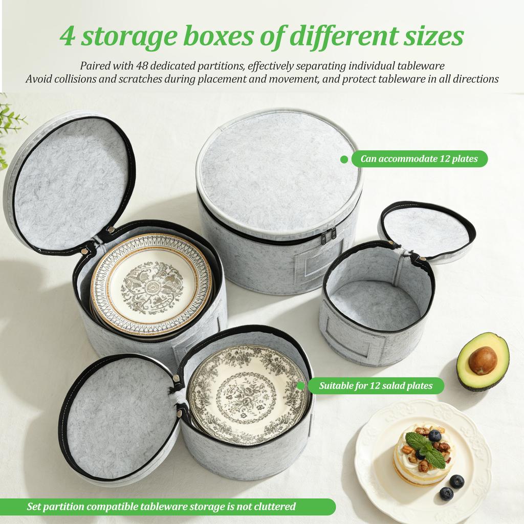 4Pcs Dinner Plate Storage Bag Felt Dish Container Dinnerware Organizer Box with 48Pcs Dividers for Dish Bowls Transport Moving