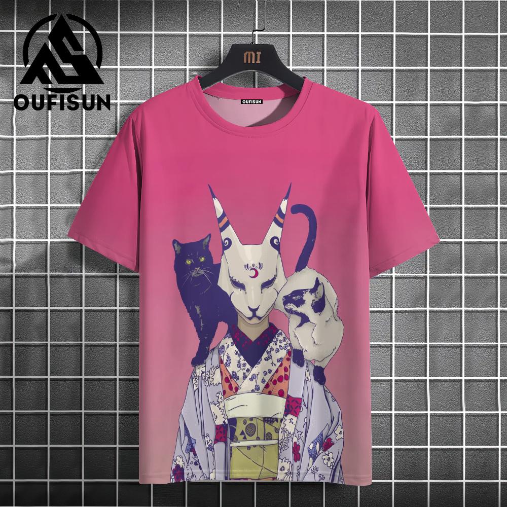 Men's Animal T-Shirt Japanese Samurai Cat Element Graphic 3D Print T-Shirt