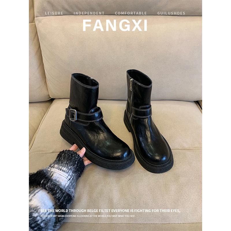 Cowhide Edition~ Skinny Boots Belt Buckle Western Knight Boots Boots Middle Heel Martin Boots Women's Platform Short Boots