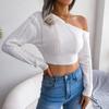 Women Autumn Winter Solid Color Hollow Off Shoulder Long Sleeve Open Navel Sweater