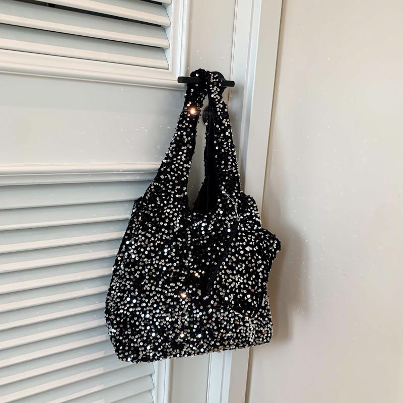 Trendy Black And Silver Sequin Tote Bag Stylish Large Capacity Commuter Handbag For Women