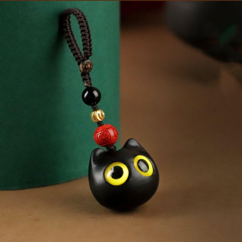 Hand-woven Phone Pendent Sandalwood Key Chain Lucky Cat Pendant Key Chain Strap Mobile Phone Ring