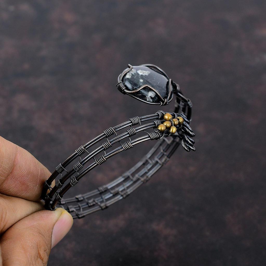 Браслет-хризантема, медная проволочная обертка, регулируемый браслет-манжета, браслет ручной работы с драгоценными камнями, медные украшения, подарок для него, проволочная обертка, ювелирные изделия