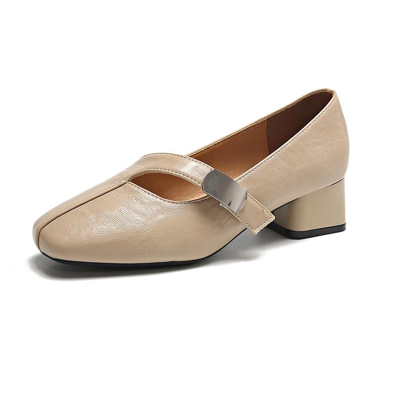 Модные женские туфли на толстой подошве, весенняя новинка, с квадратным носком, неглубоким вырезом, металлической пряжкой, мягкой подошвой, нескользящие, низкие