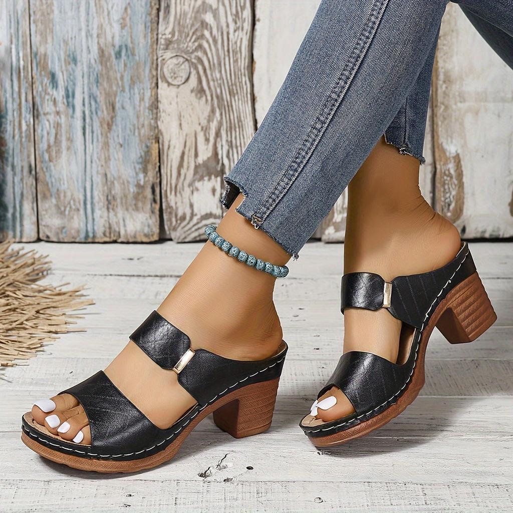 Women's Chunky Heel Sandals Solid Color Open-toe High Heels ,Women's Chunky Heel Sandals, Casual Open-toe Summer Shoes