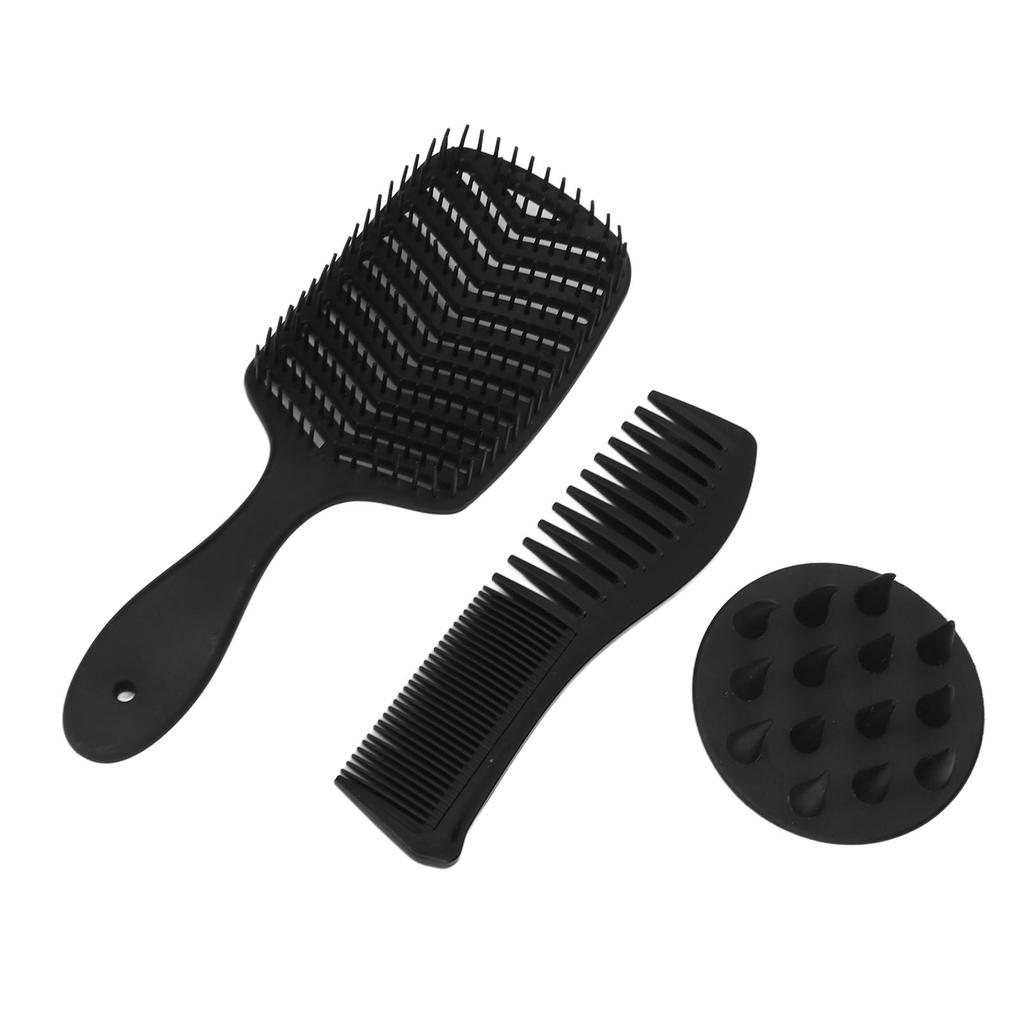 3pcs Hair Comb Set Easy Detangling Hollow Out Comb Wide Teeth Comb Hair Washing Brush Black