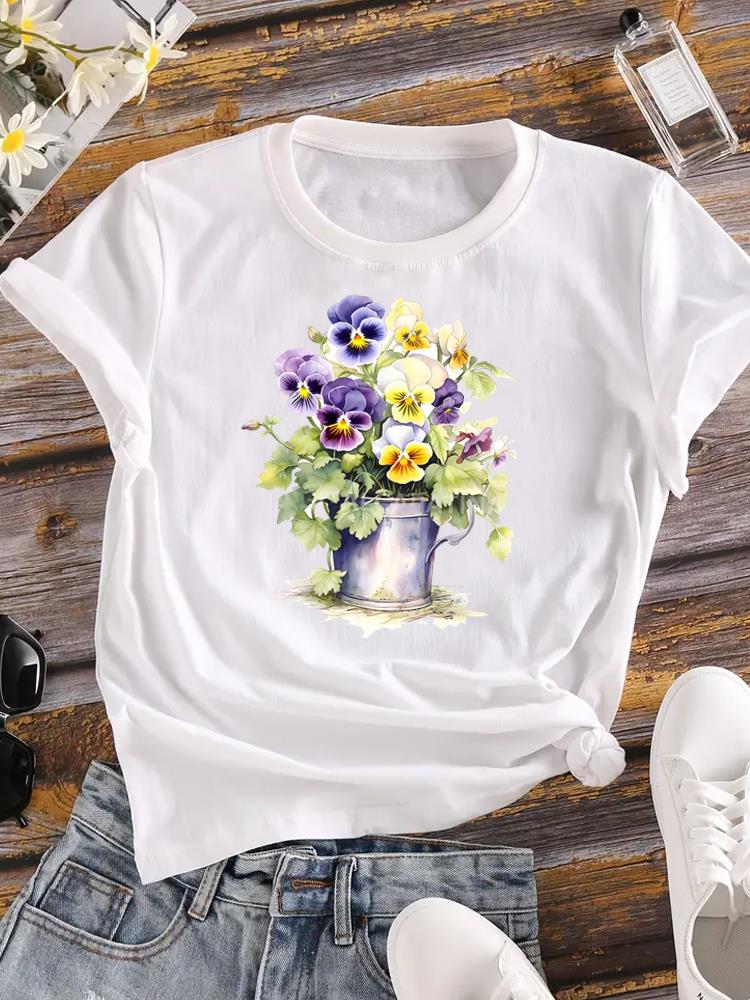 (Азиатский размер) Женская милая цветочная тенденция 90-х годов, модная футболка с коротким рукавом, одежда с принтом, женская повседневная футболка, женские футболки с графикой
