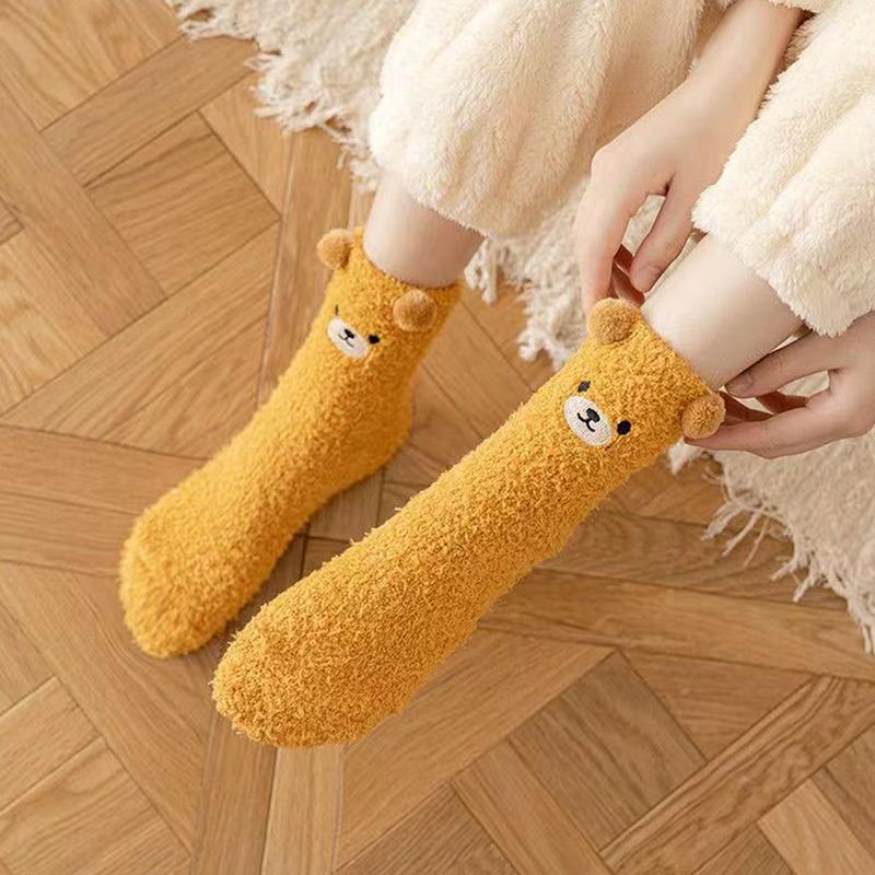 Носки из кораллового флиса для женщин, зимние, не линяющие, носки для дома, мультяшные животные, плюшевые, взрослые, толстые, теплые, носки для сна