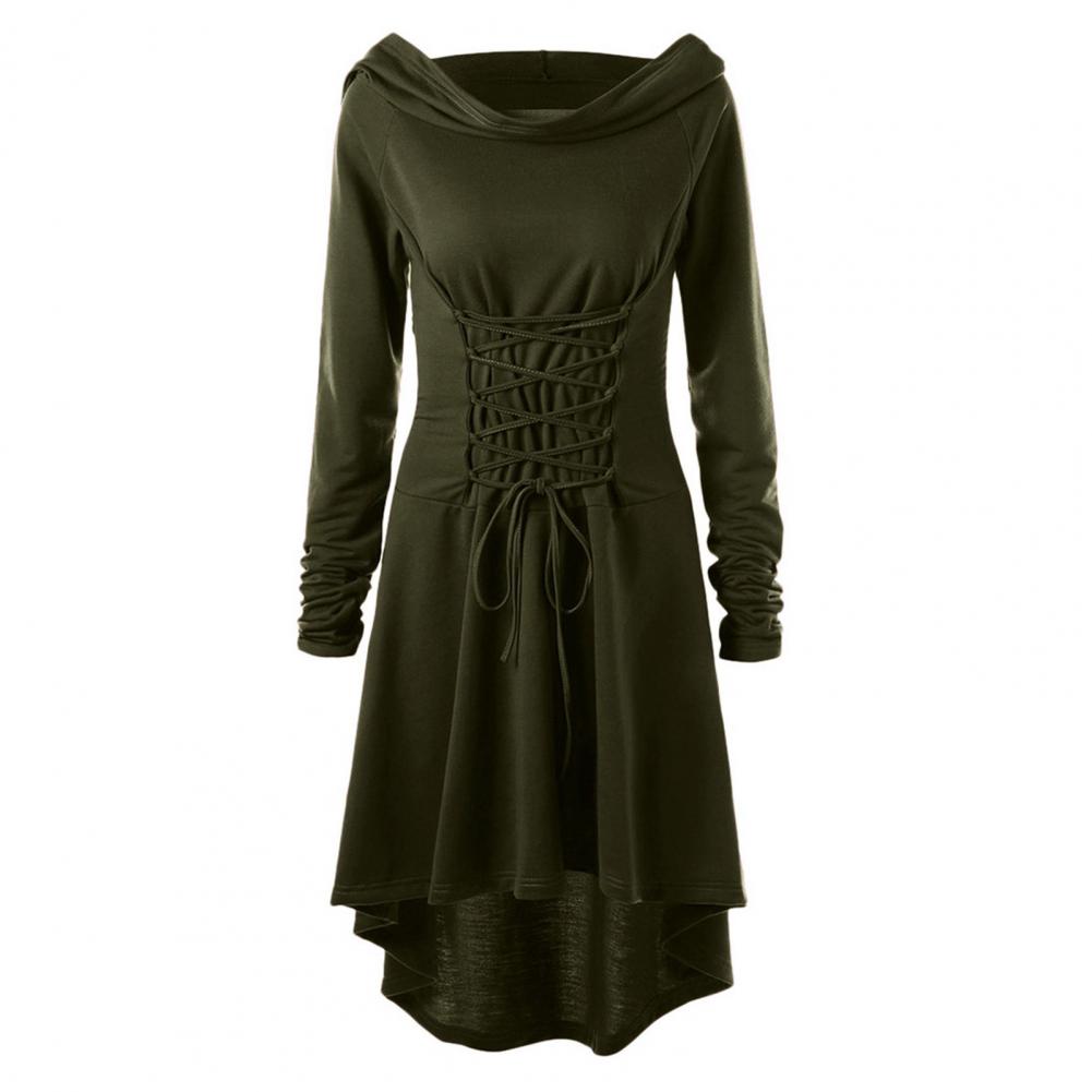 Women Cosplay Dress Gothic Solid Color Lace-up Strap Slim Waist Irregular Hem Hooded Long Sleeves Theme Parties Role-Playing St Practical Use