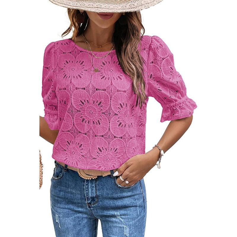 YYFS Женские модные повседневные летние весенние однотонные блузки и рубашки с короткими рукавами и круглым вырезом с принтом