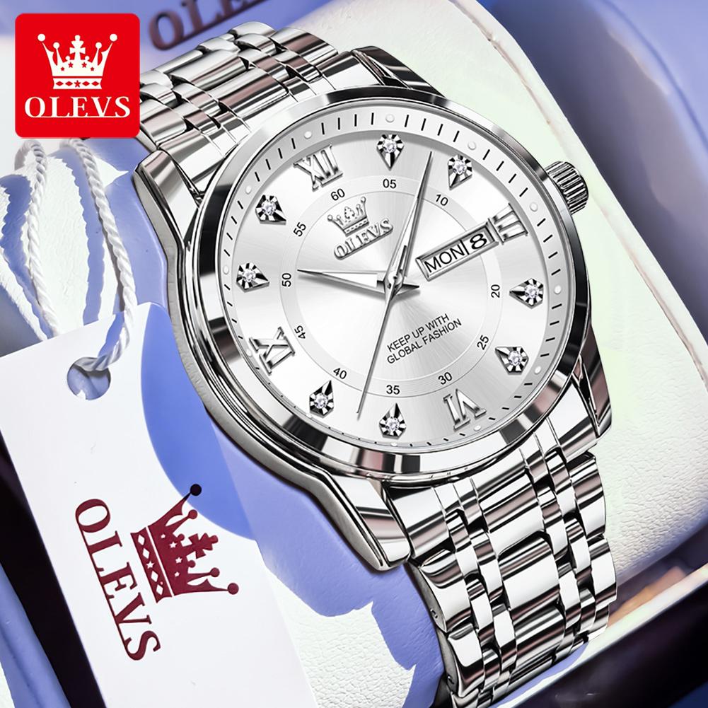 OLEVS 5513 Men's Quartz Watches Stainless Steel Strap Diamond Scale Dual Calendar Waterproof Luminous Men's Business Wristwatch