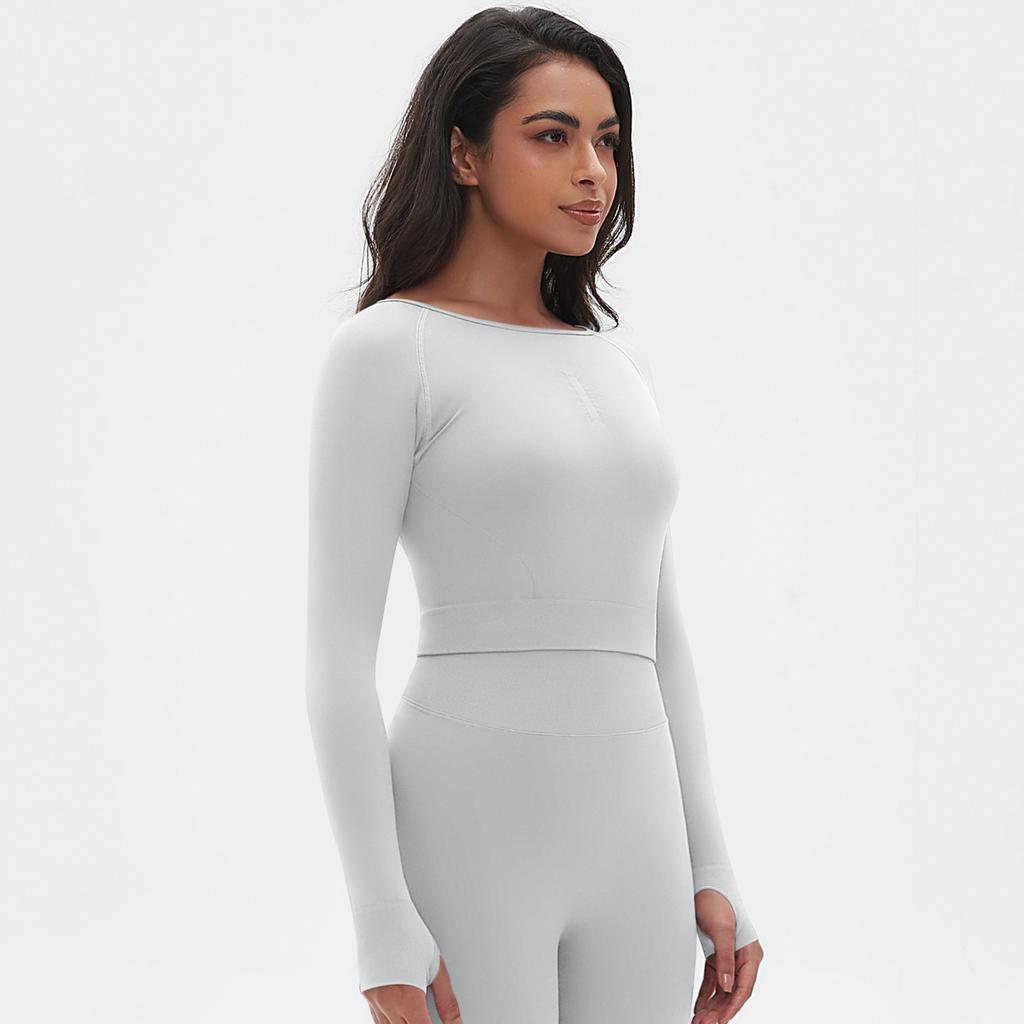 Seamless Knitted Solid Color Peach Tight T-shirt Top Fitness Exercise Yoga Clothing Moisture Absorbing Body Shaping Long Sleeve Women