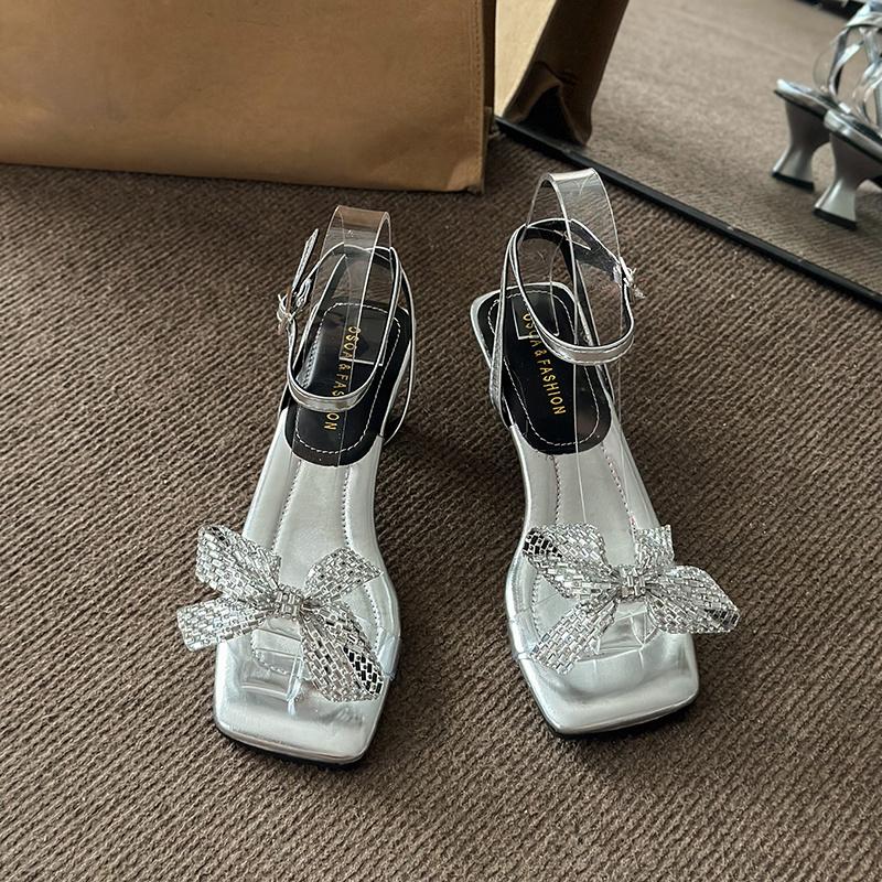 Модные женские босоножки на шпильках, летние, новые, квадратные, с открытым носком, с бриллиантами, с бабочкой и узлом-рюмочкой