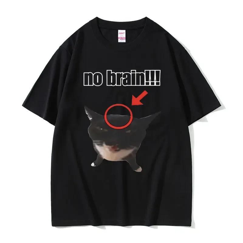 Funny Cat No Brain Graphic Print T Shirts Women Joke Humor Cute Kawaii Meme T-shirts Women Casual Tees Short Sleeve