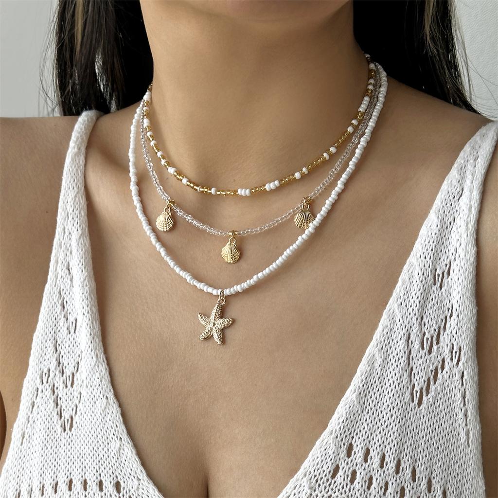 Handmade Rice Beads Multi-layer Stacked Choker for Women Simple Starfish Shell Pendant Necklace Bohemian Beach Jewelry Gifts
