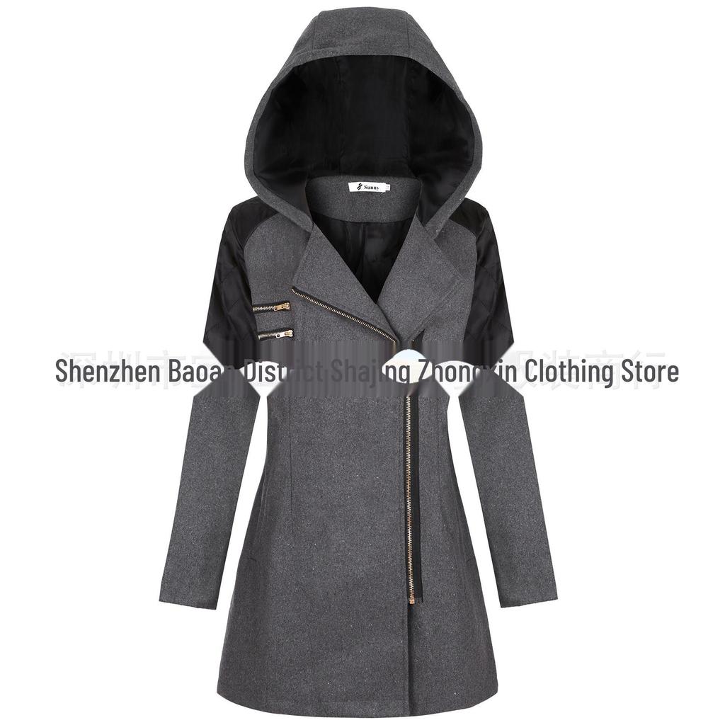 Women's Mid-Length Woolen Hooded Windbreaker with Oblique Zipper - Warm Winter Coat