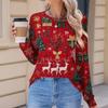 Women's Fashionable Casual Christmas Printed Pleated Comfortable Round Neck Loose Long Sleeve T-Shirt Top