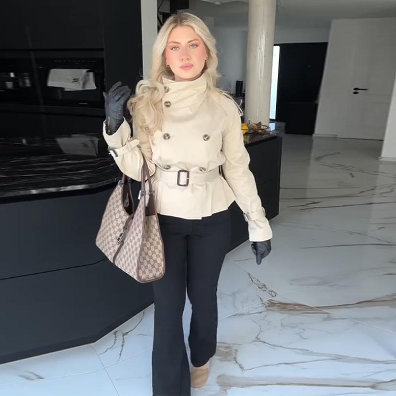 Короткий тренч на шнуровке со стойкой воротником, женский, с длинным рукавом, двубортный, тонкий приталенный жакет, ветровка для通勤, осенняя верхняя одежда 2025