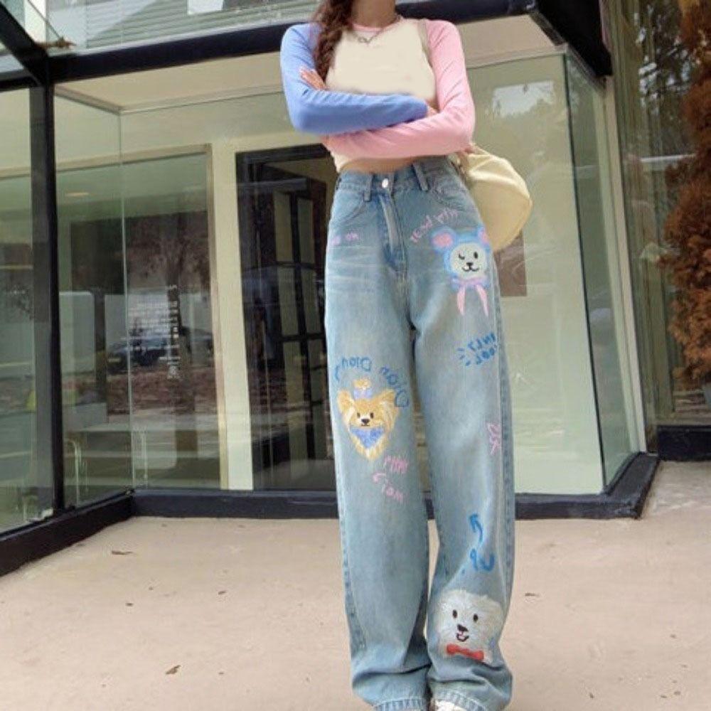 Прямые джинсовые брюки Ins Милые мультяшные ковбойские штаны Джинсы Харадзюку Женские Y2K Весна Осень