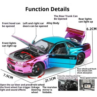 1:24 Сплав GTR SKYLINE GTR-R34 Игрушечные Модели Машин Открывающиеся Двери Миниатюрные Транспортные Средства С Pull-Back Колесами Суперкары Подарки на День Защиты Детей
