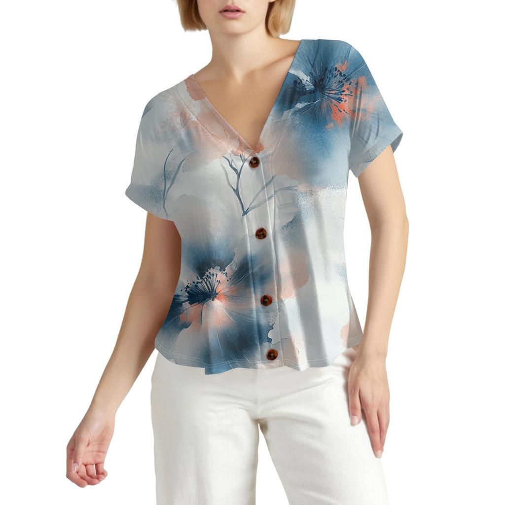 Женская мода с короткими рукавами и V-образным вырезом, повседневная футболка с пуговицами