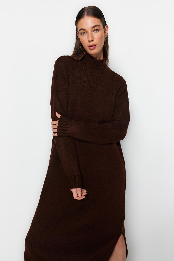 Женское платье, новый сезон, модное коричневое широкое трикотажное платье миди, мягкое текстурированное платье с высоким воротником