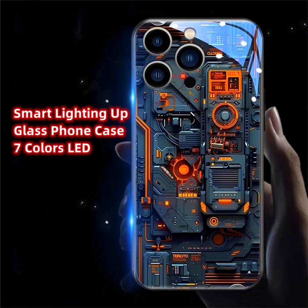 Luxury Blue Chip Pattern Luminous Glass LED Call Light Up Flash Phone Case Cover For iPhone Air 17 16 E 15 14 13 12 Pro Max Plus