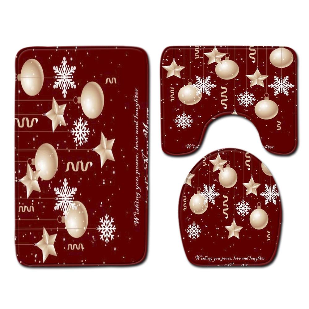 Christmas Shower Curtain Floor Mat Combination Four-Piece Set Bathroom Toilet Carpet Shower Room Mat Foot Mat