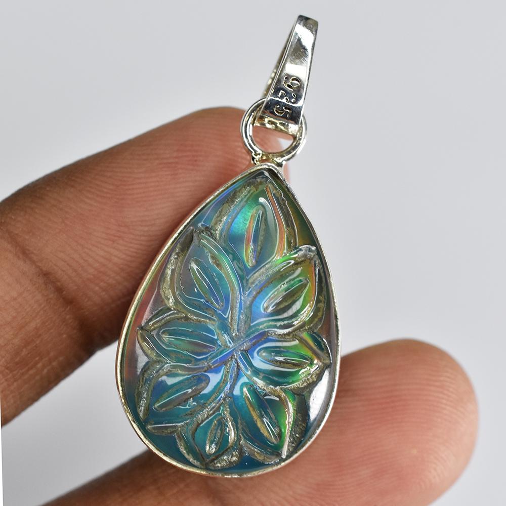 Natural Ammolite 23 Ct 925 Sterling Silver Pear Pendant Gift For Dad