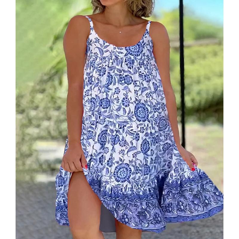 Женская модная одежда, повседневное летнее платье без рукавов с глубоким v-образным вырезом для женщин, пляжные платья с цветочным принтом, женские свободные мини-юбки для вечеринок, большие размеры