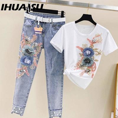 Летний комплект из двух предметов: прочная рубашка с короткими рукавами, вышитая бисером + рваные джинсы с заниженной талией для женщин