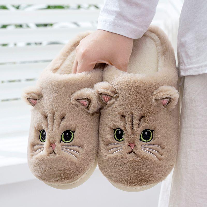 24h Fast Shipping Cat Fun Slippers for Adults Winter Furry Slides Couple Home Shoes 46 47 Women Warm Animal Kitty Slippers Pink