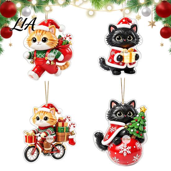 Cat Shaped Decorations Christmas Pendant with Hanging Rope, 2D Flat Acrylic Ornament for Xmas Tree Lover Gifts Decoration, Cute Holiday Decor,