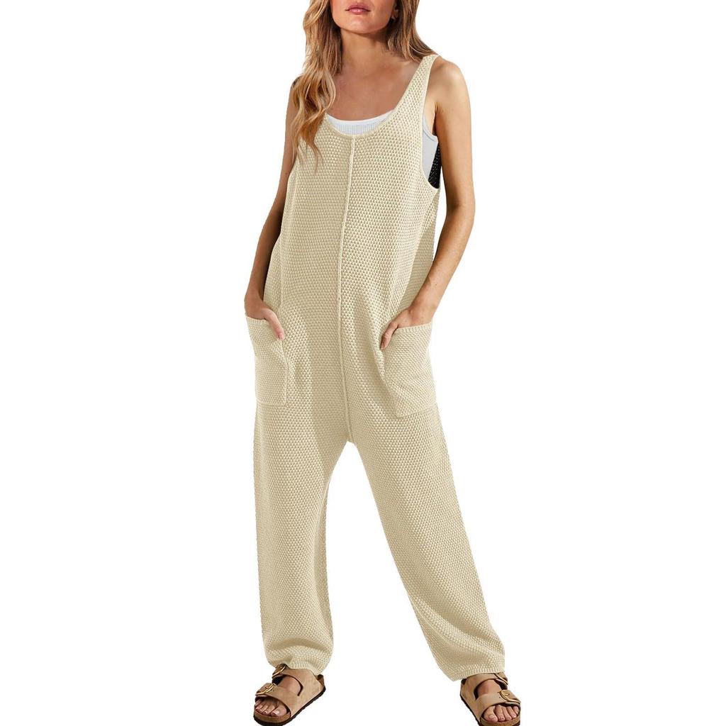 2024 Spring/Summer Women's Sleeveless U-Neck Loose Jumpsuit with Double Pockets
