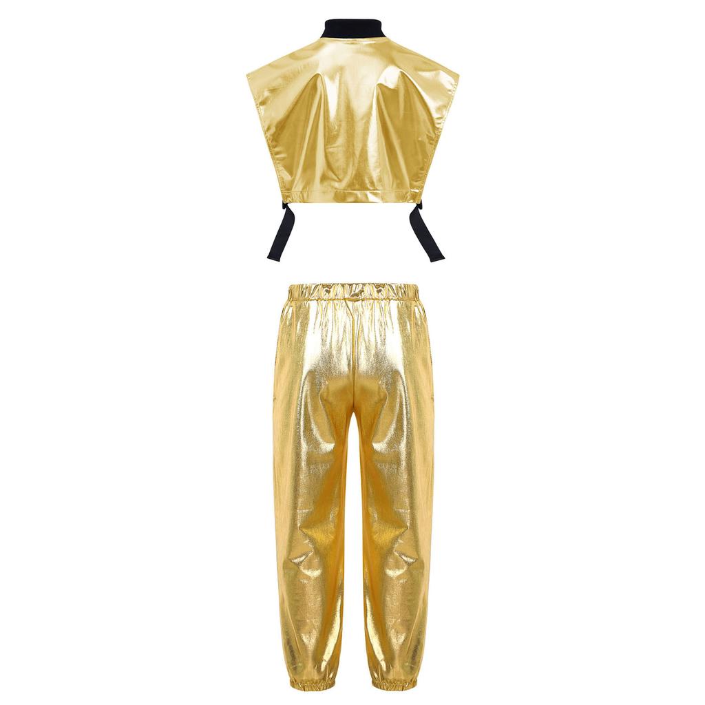 Girls Metallic Vest Jazz Performance Sleeveless Side Zipper Open Shiny Pants Elastic Waistband Dance Set