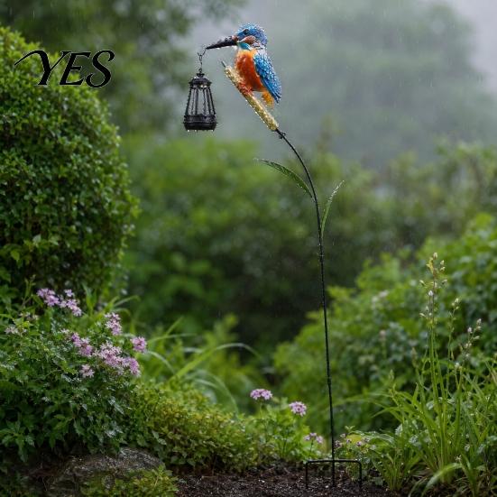 Warm Yellow Solar Light Garden Bird Light, Outdoor Hummingbird Kingfisher Lantern with Shaped Stake, Automatic On/Off Pathway for Yard Lawn