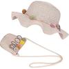 Dww-Rose-Girls' Sun Hat 2-8 Years Summer Straw Hats and Small Bag Set with Floral Decoration for Beach, Travel, Hiking