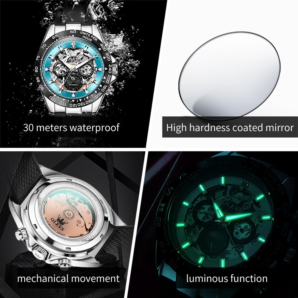 OLEVS Skeleton Mechanical Mens Watches High Quality Automatic Sport Clock Date Moon Phase Retro Wristwatch Relojes Hombre