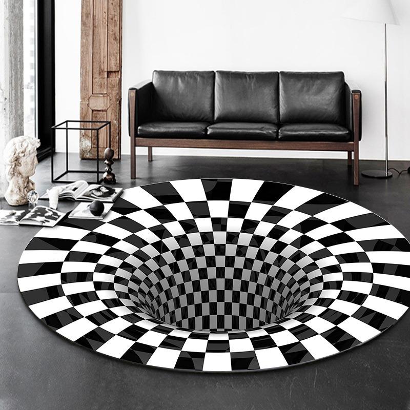 Disney Black White Plaid 3D Visual Carpet Circular Vortex Living Room Coffee Table Sofa Floor Mat Bedroom Home Decor Rug