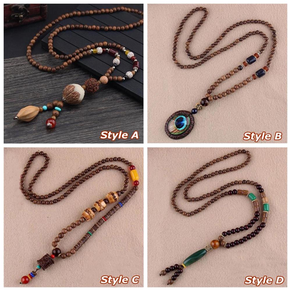 Мужской талисман удачи Этнические украшения Вечеринка Ручная работа Узор из перьев Непал Ожерелье Буддийская мала Деревянные бусины