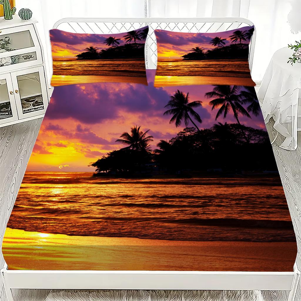 Комплект простыней на резинке Стиль Кокосовые пальмы Мягкий Дышащий Комплект постельного белья Закат Закатное сияние Море Принтованные Наматрасники Отпуск