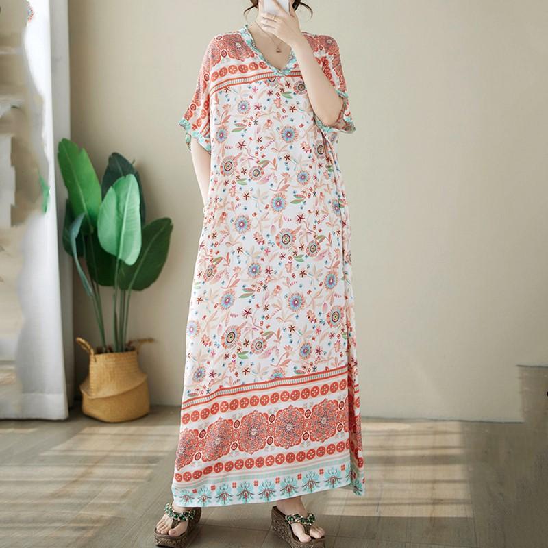 Новое хлопковое атласное платье с коротким рукавом больших размеров в винтажном стиле с цветочным принтом для женщин, повседневное свободное длинное летнее платье