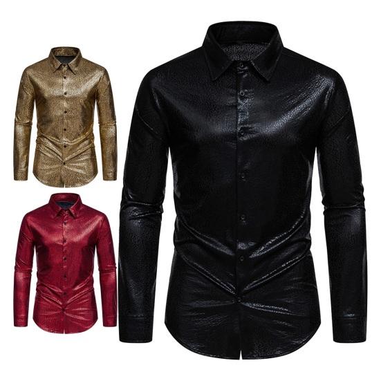 Мужская однобортная рубашка с каменным цветком и золотым тиснением, весенне-осенняя однобортная рубашка с лацканами и длинными рукавами, облегающая повседневная рубашка для банкета