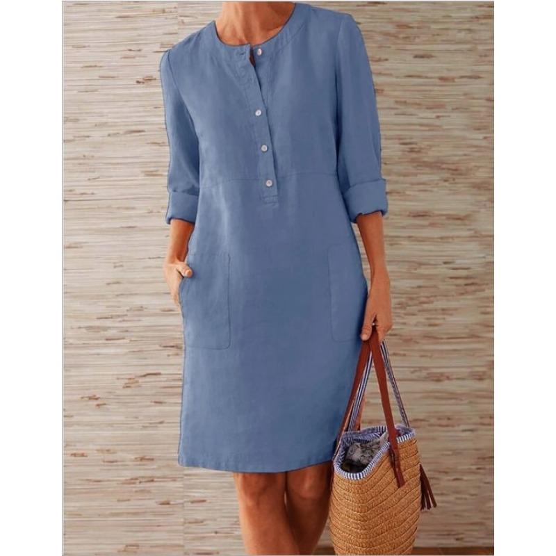 YYFS Женская мода весна осень однотонный принт длинный рукав О-образный вырез свободная талия повседневные платья