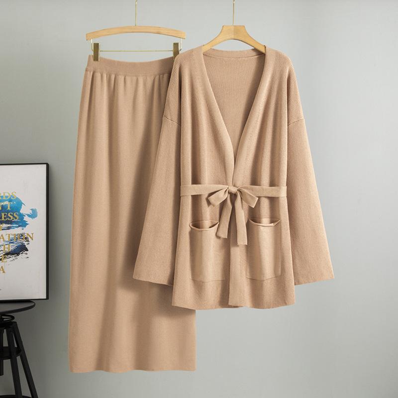 Плюс размер женская весенняя новая V-образная горловина свободная трикотажная юбка стильный кардиган комплект из двух предметов